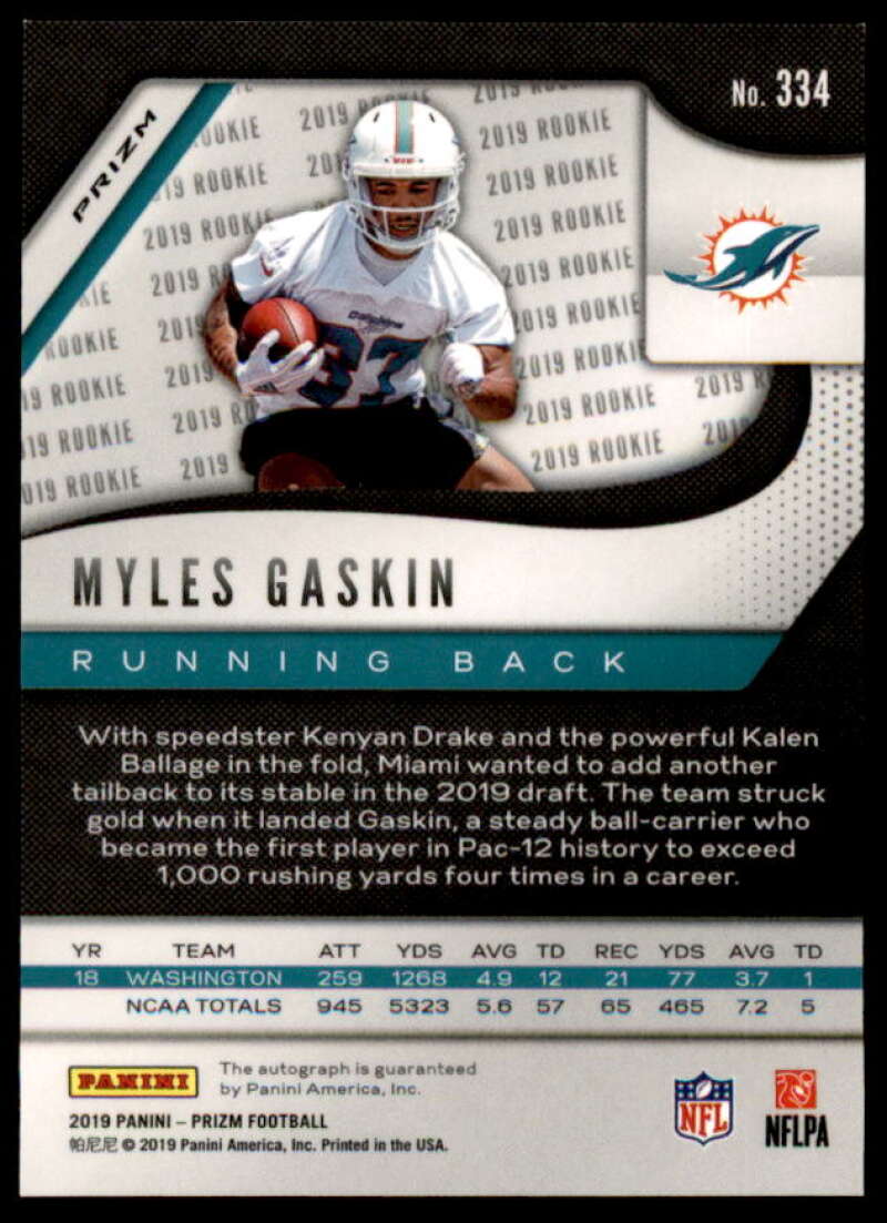 Myles Gaskin Rookie 2019 Panini Prizm Rookie Autographs Prizms Neon Green #334  Image 2