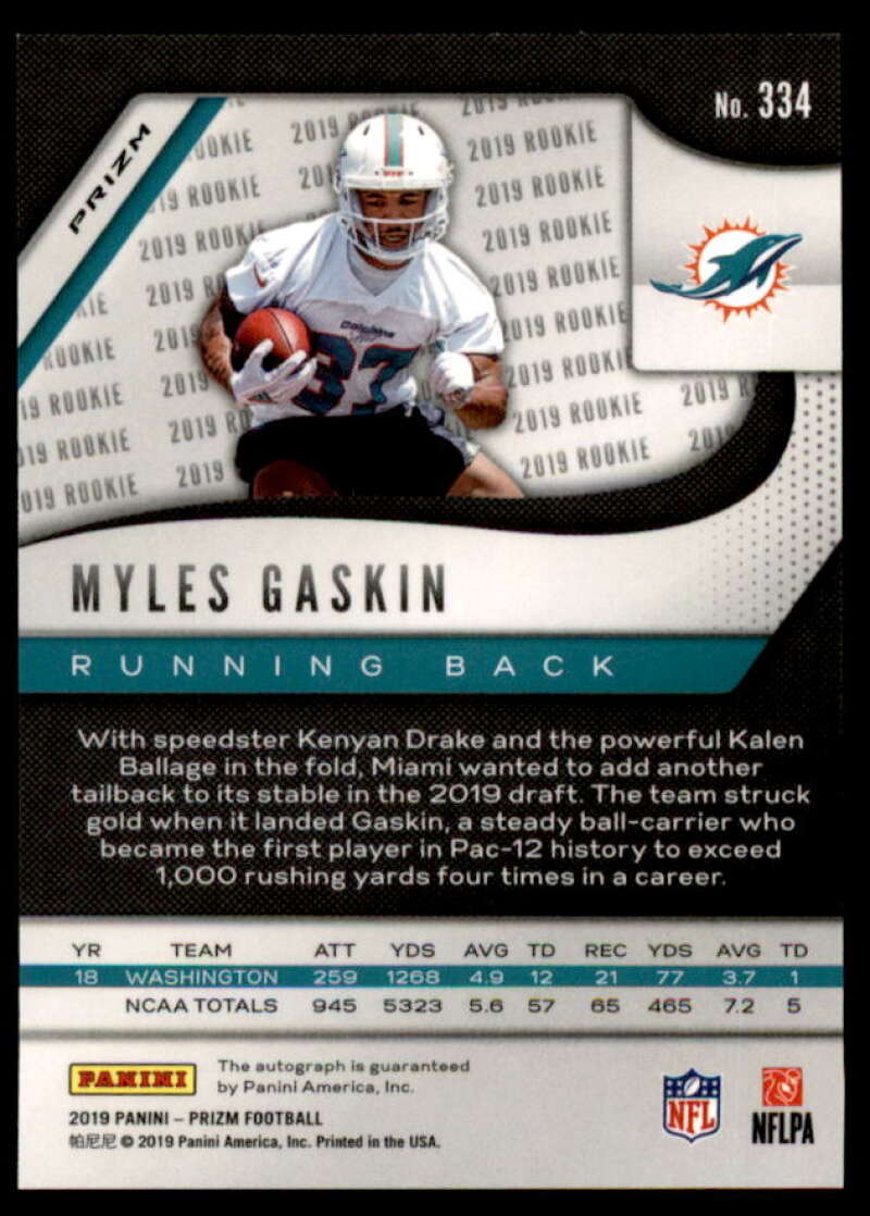 Myles Gaskin Rookie 2019 Panini Prizm Rookie Autographs Prizms Neon Green #334  Image 2