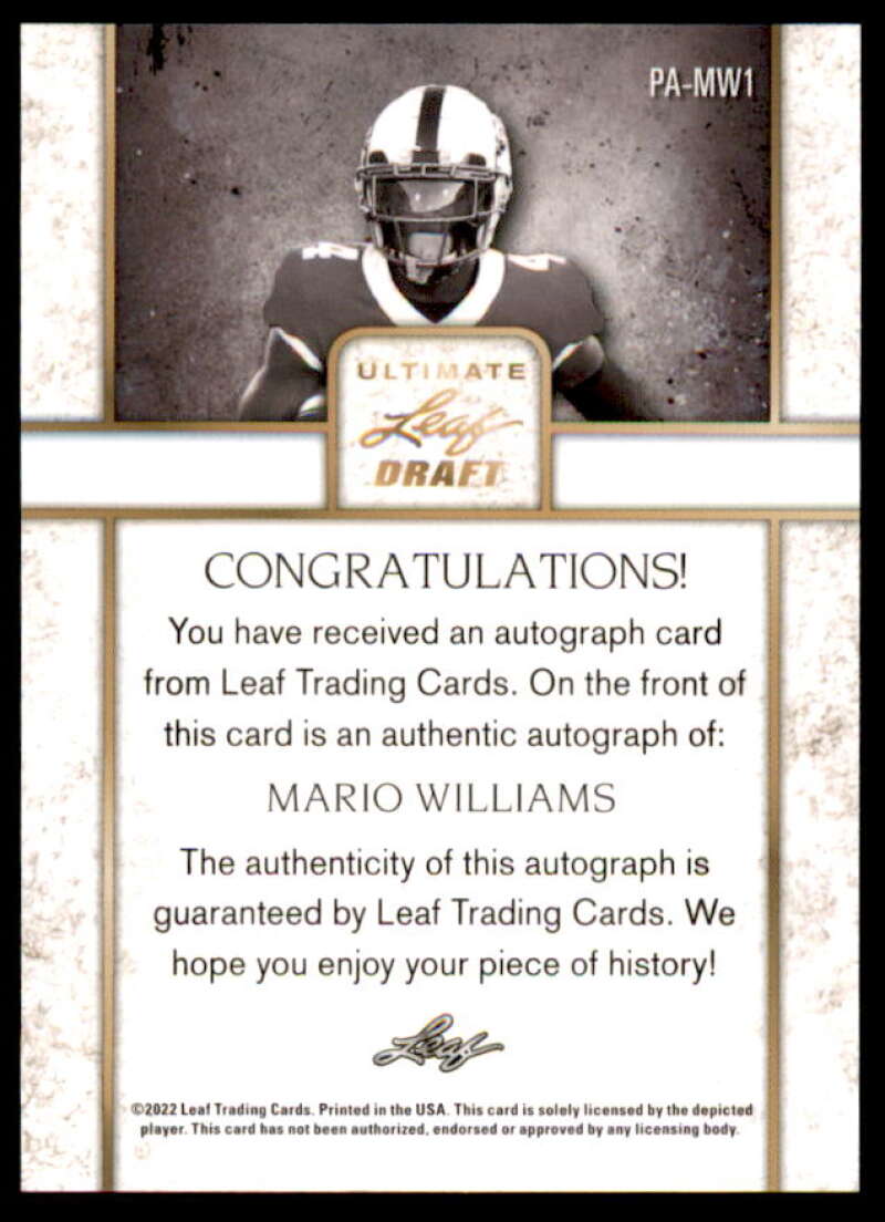 Mario Williams Card 2022 Leaf Ultimate Draft Portrait Autographs #PAMW1  Image 2