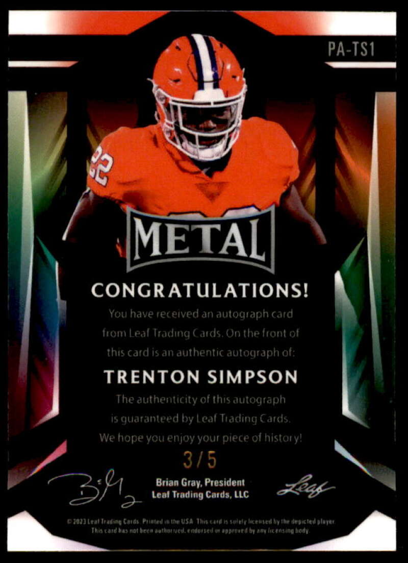 Trenton Simpson Rookie 2023 Leaf Metal Portrait Autographs Crystal Pink #PATS1  Image 2