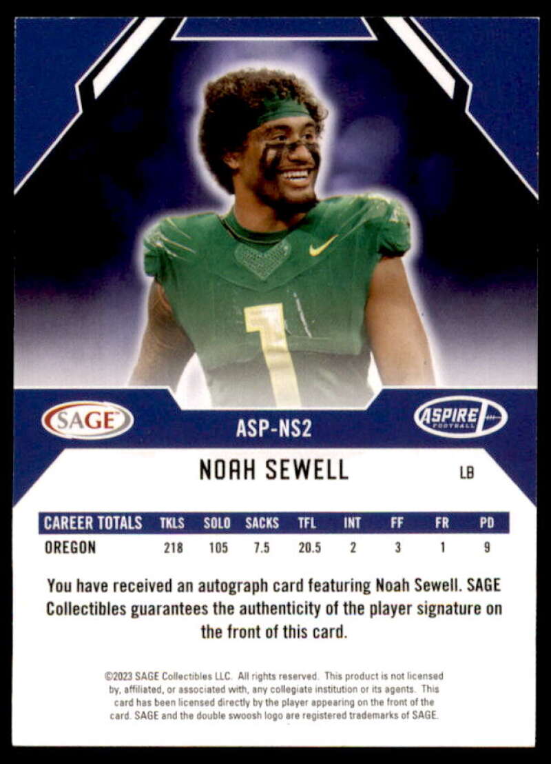 Noah Sewell Rookie Card 2023 SAGE HIT Next Level Signatures Silver #NLSNS2  Image 2