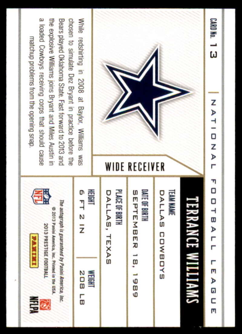 Terrance Williams Rookie Card 2013 Prestige NFL Draft Tickets Autographs #13  Image 2