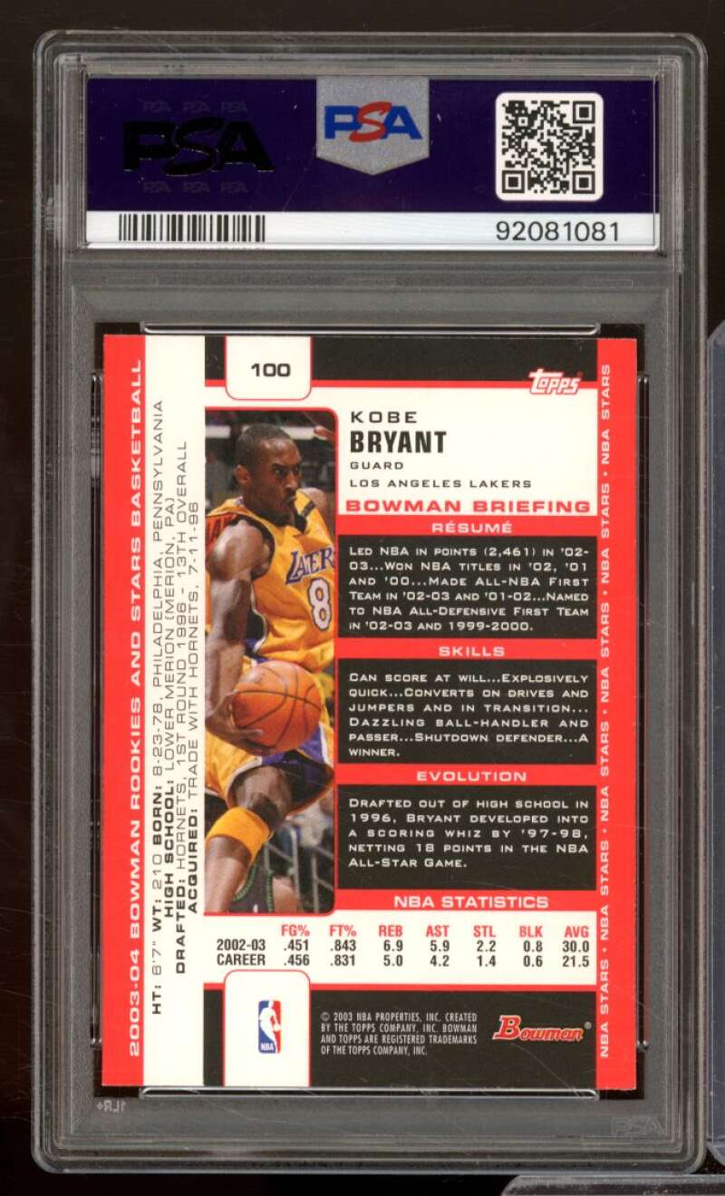 Kobe Bryant Card 2003-04 Bowman R. &amp; S. #100 PSA 8 Image 2