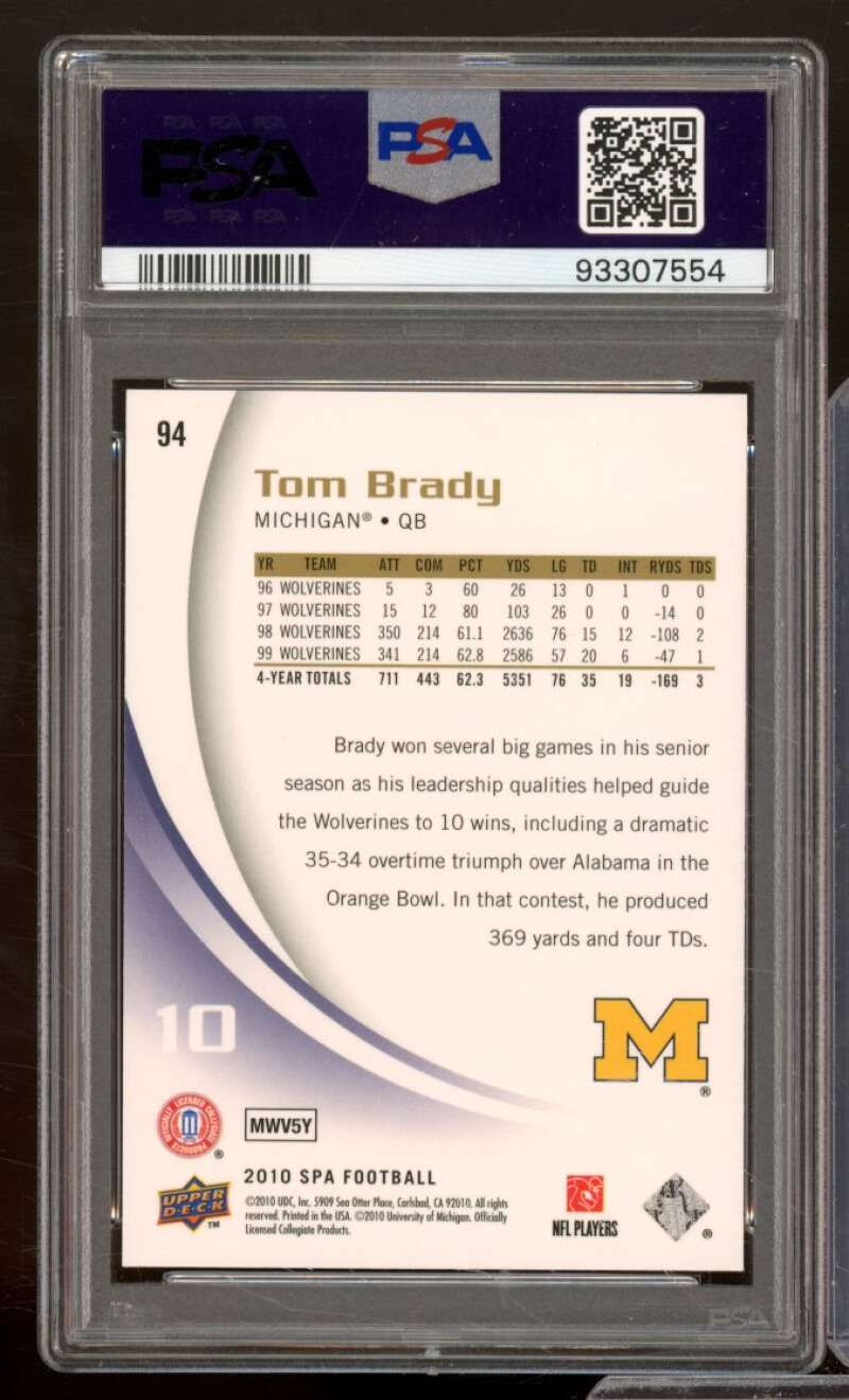 Tom Brady Card 2010 SP Authentic #94 PSA 10 Image 2