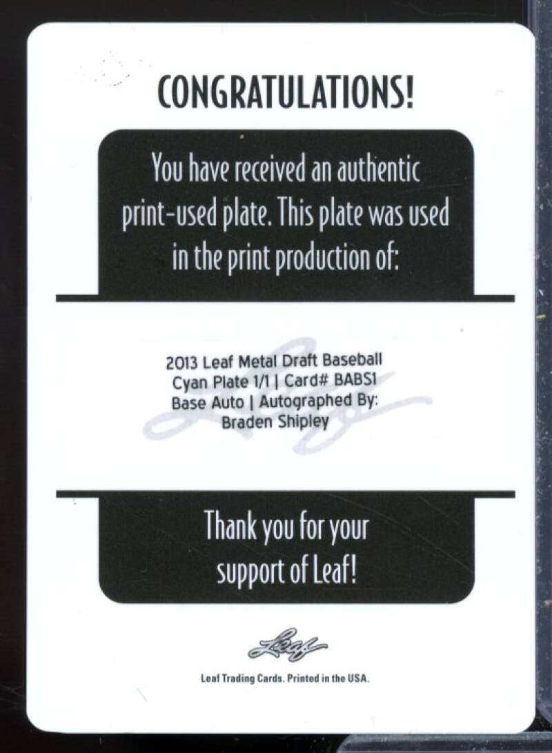 Braden Shipley Rookie Card 2013 Leaf Metal Draft Printing Plates Cyan #BS1  Image 2