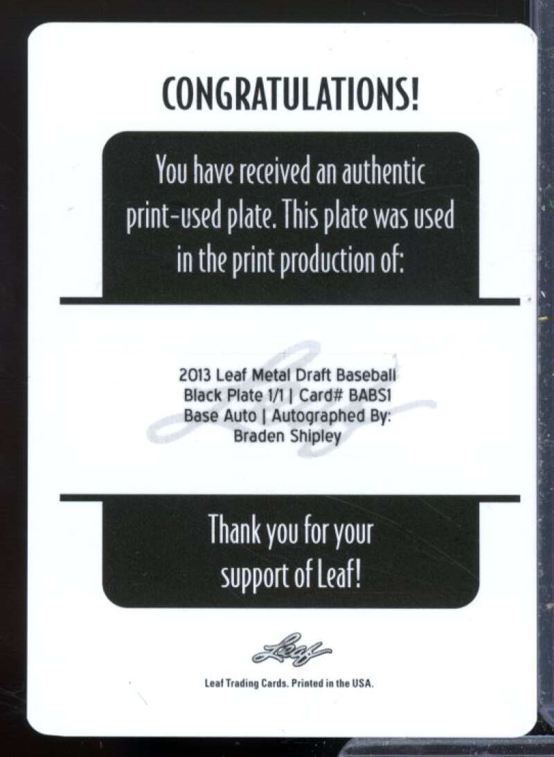 Braden Shipley Rookie Card 2013 Leaf Metal Draft Printing Plates Black #BS1  Image 2