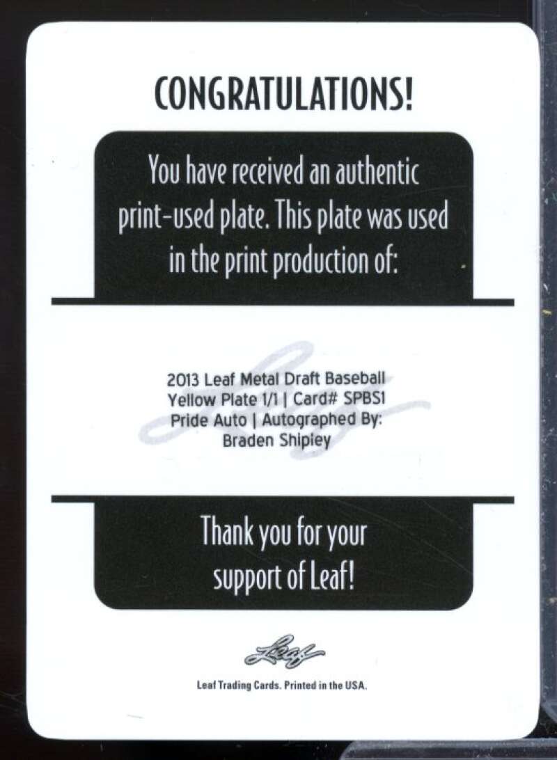 Braden Shipley 2013 Leaf Metal Draft State Pride Printing Plates Yellow #BS1  Image 2