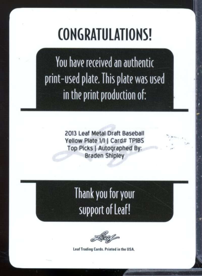 Braden Shipley Card 2013 Leaf Metal Draft Top Picks Printing Plates Yellow #BS1  Image 2