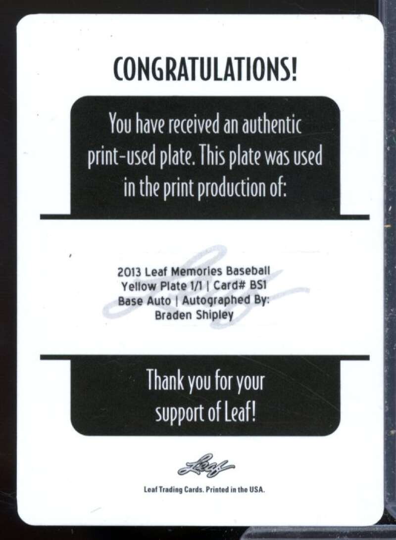 Braden Shipley Rookie 2013 Leaf Memories Autographs Printing Plates Yellow #BS1  Image 2