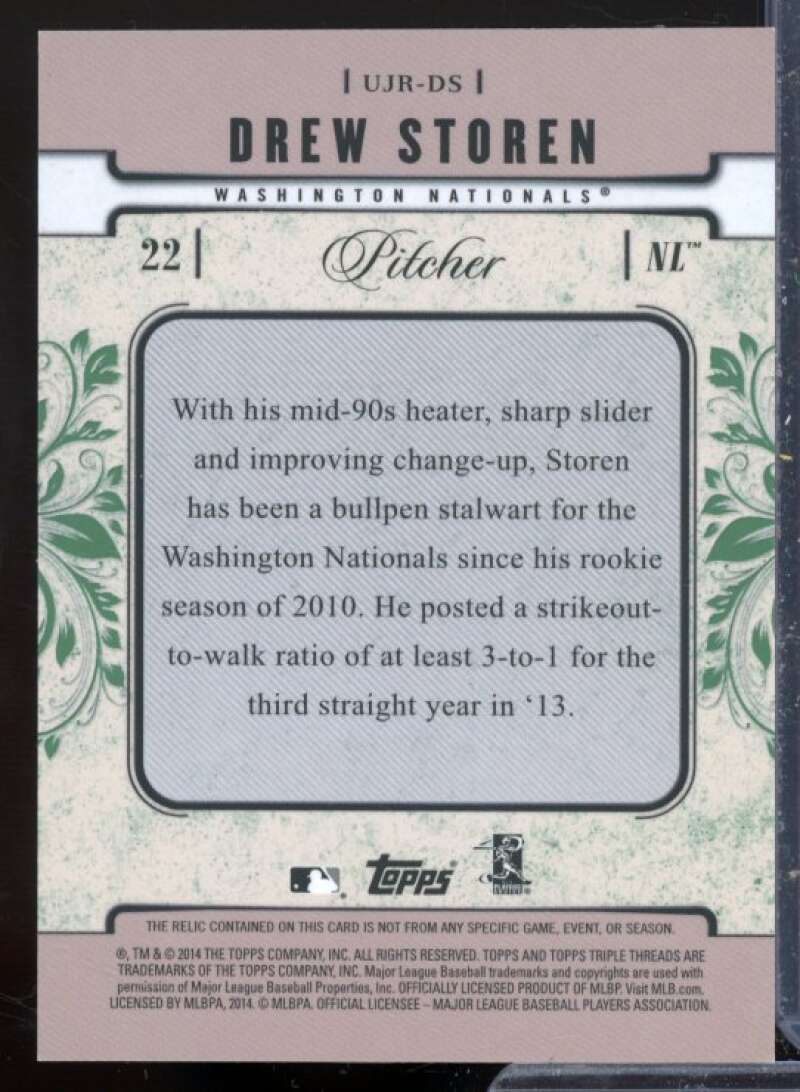 Drew Storen Card 2014 Topps Triple Threads Unity Relics Emerald #UJRDS  Image 2
