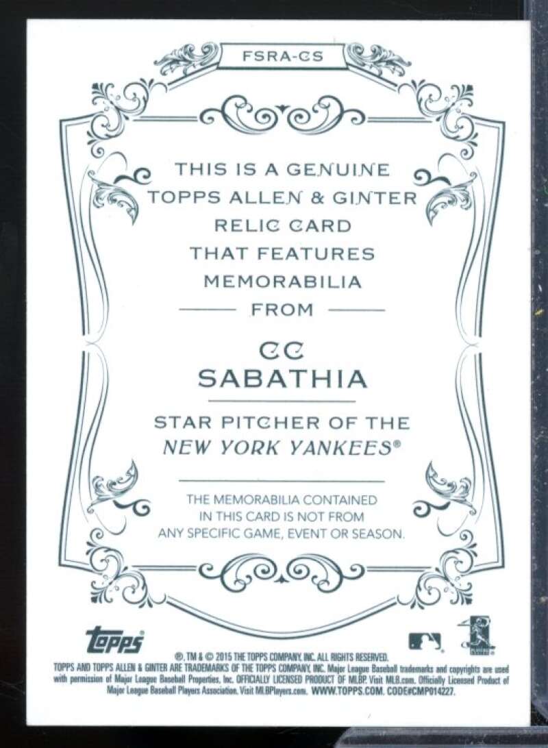 CC Sabathia A Card 2015 Topps Allen and Ginter Relics #FSRACS  Image 2