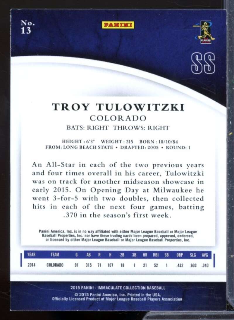 Troy Tulowitzki Card 2015 Immaculate Collection #13  Image 2