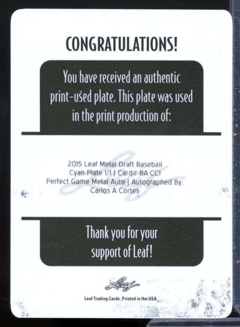 Carlos A Cortes 2015 Leaf Metal Draft Perfect Game Printing Plates Cyan #BACC1  Image 2