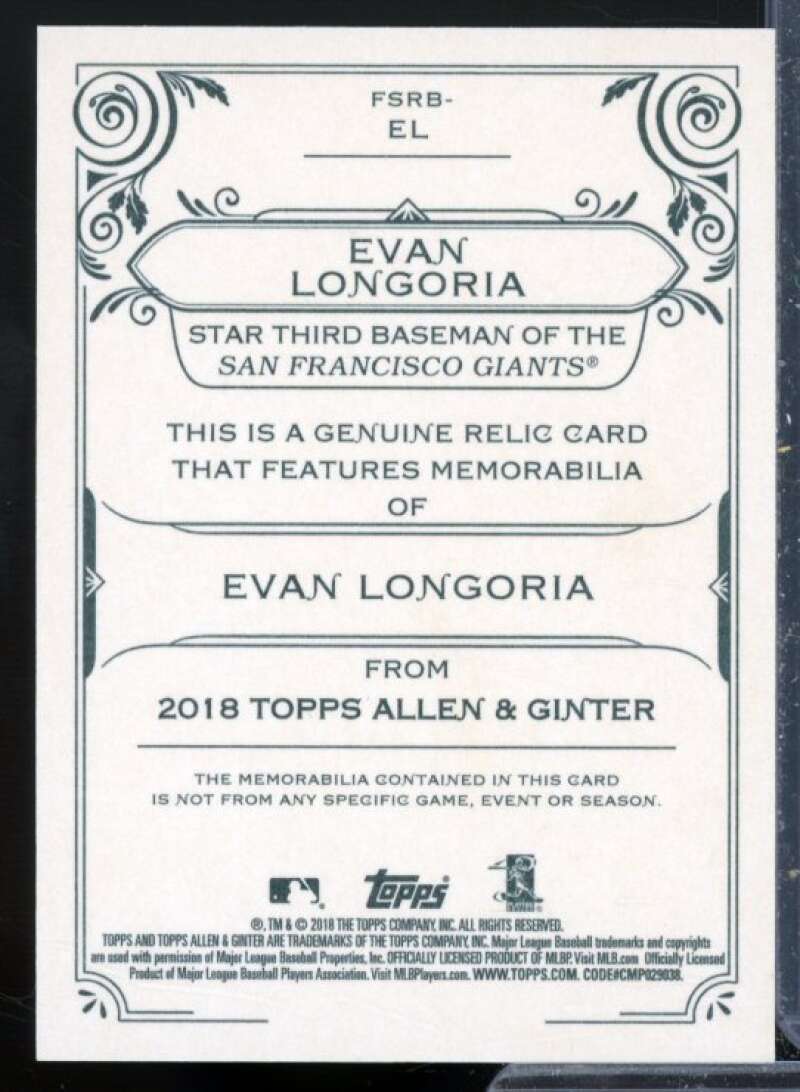 Evan Longoria B Card 2018 Topps Allen and Ginter Relics #FSRBEL  Image 2
