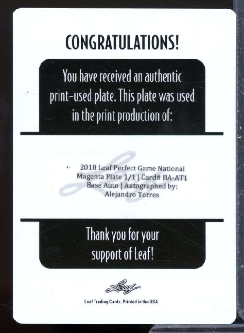 A Torres 2018 Leaf Perfect Game Natl. Showcase AU Printing Plate Magenta #BAAT1  Image 2