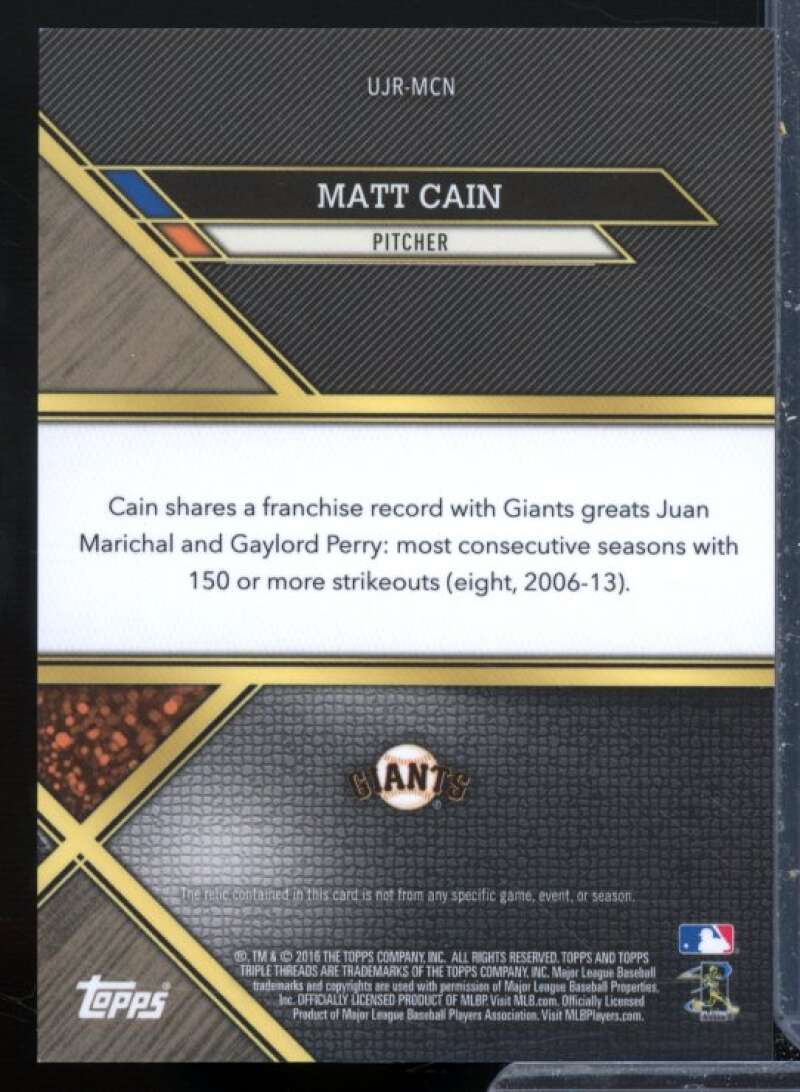 Matt Cain Card 2016 Topps Triple Threads Unity Jumbo Relics Silver #UJRMCN  Image 2