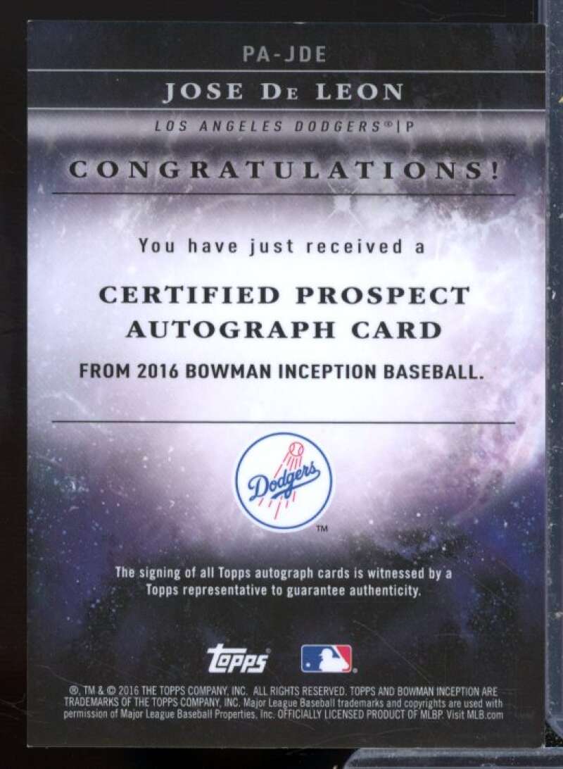 Jose De Leon Card 2016 Bowman Inception Prospect Autographs #PAJDE  Image 2