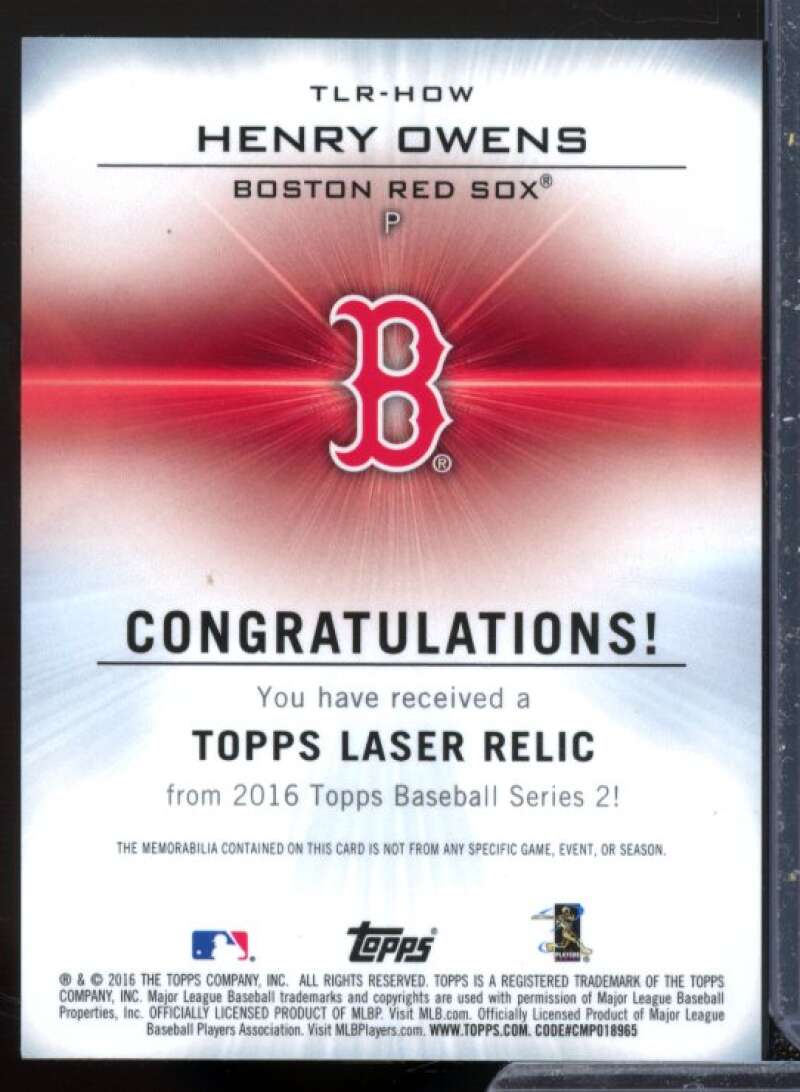 Henry Owens S2 Card 2016 Topps Laser Relics #TLRHOW  Image 2