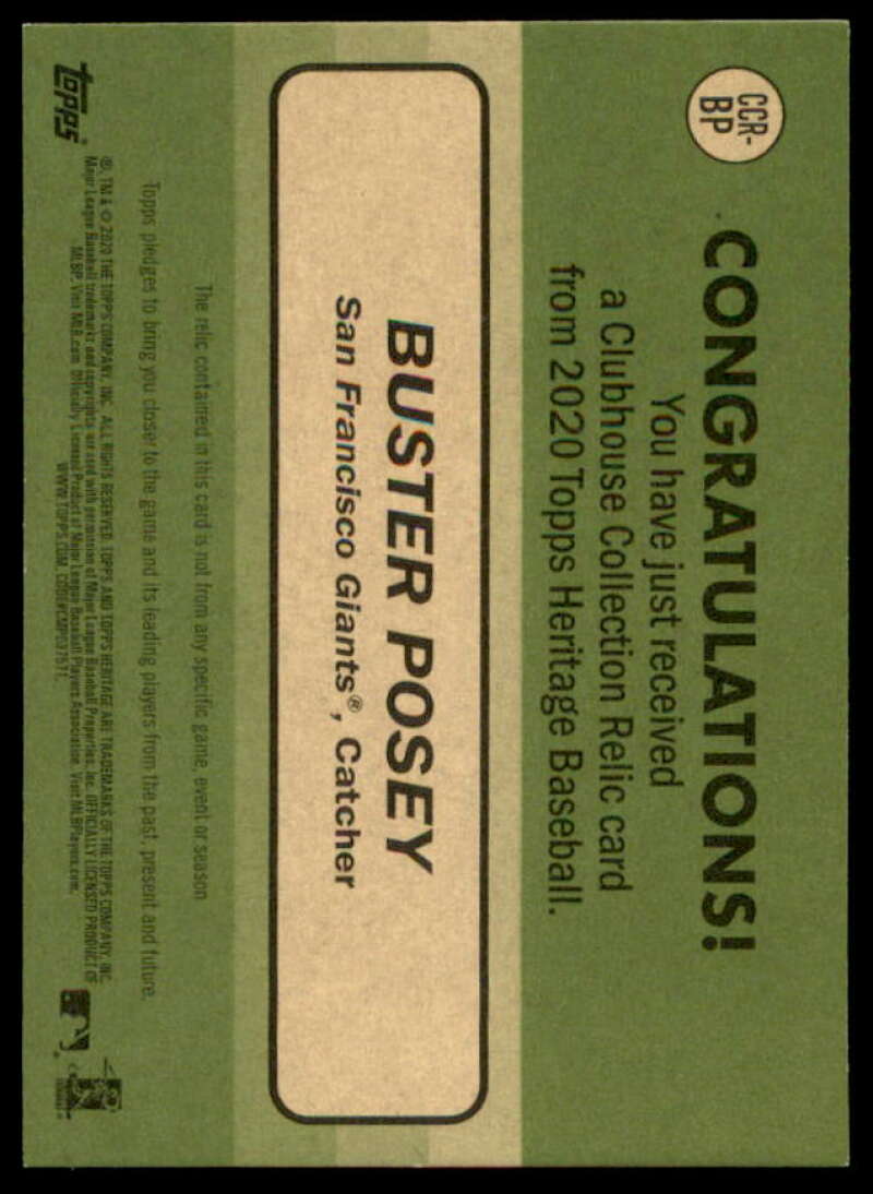 Buster Posey Card 2020 Topps Heritage Clubhouse Collection Relics #CCRBP  Image 2