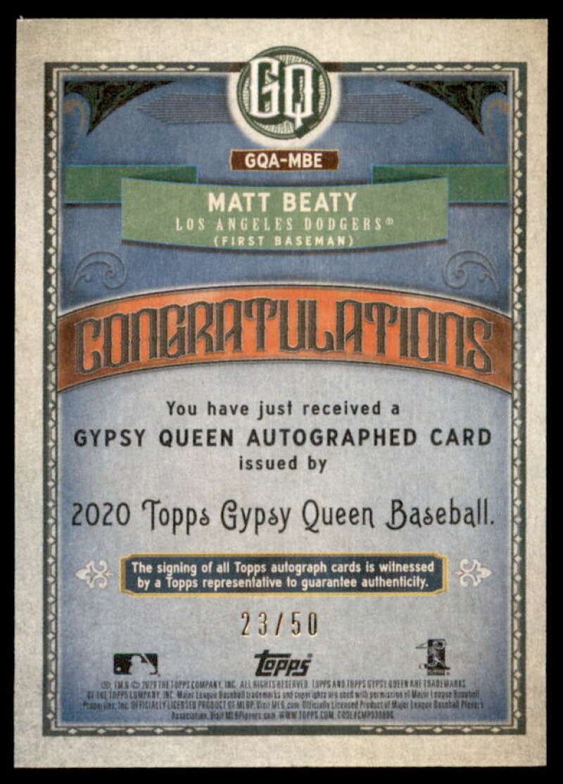 Matt Beaty Rookie 2020 Topps Gypsy Queen Autographs Black and White #GQAMBE  Image 2