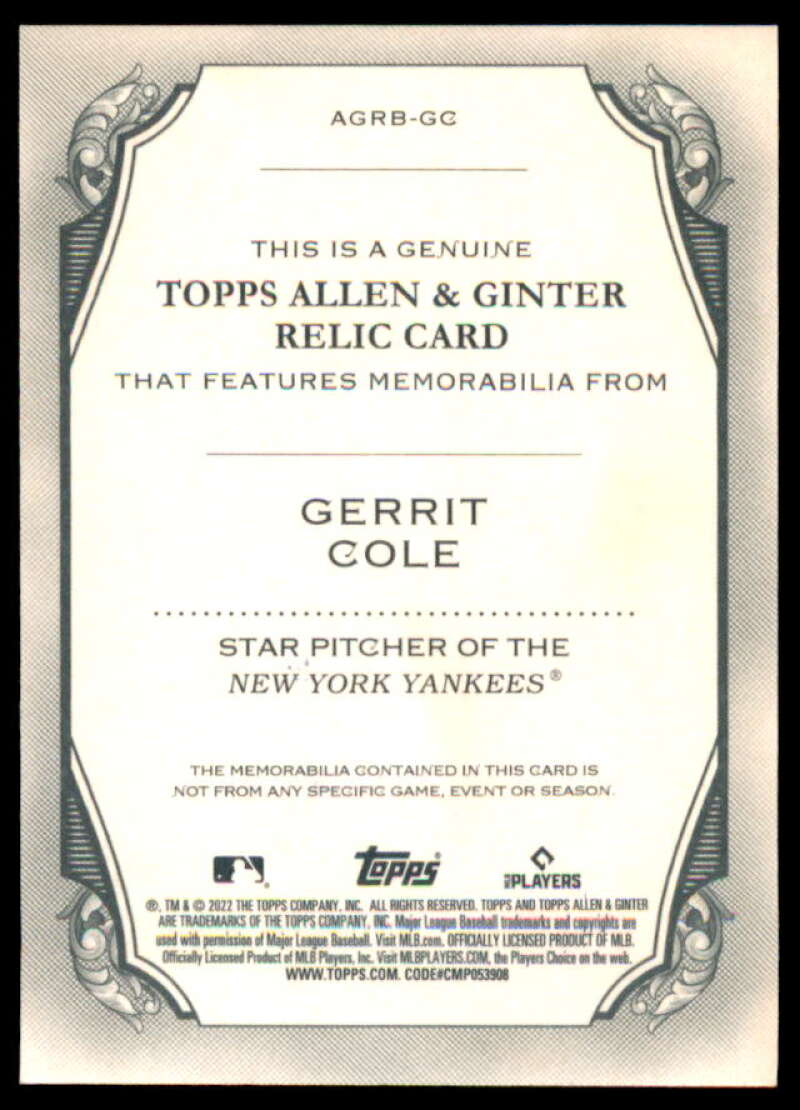 Gerrit Cole Card 2022 Topps Allen and Ginter Relics #AGRBGC  Image 2