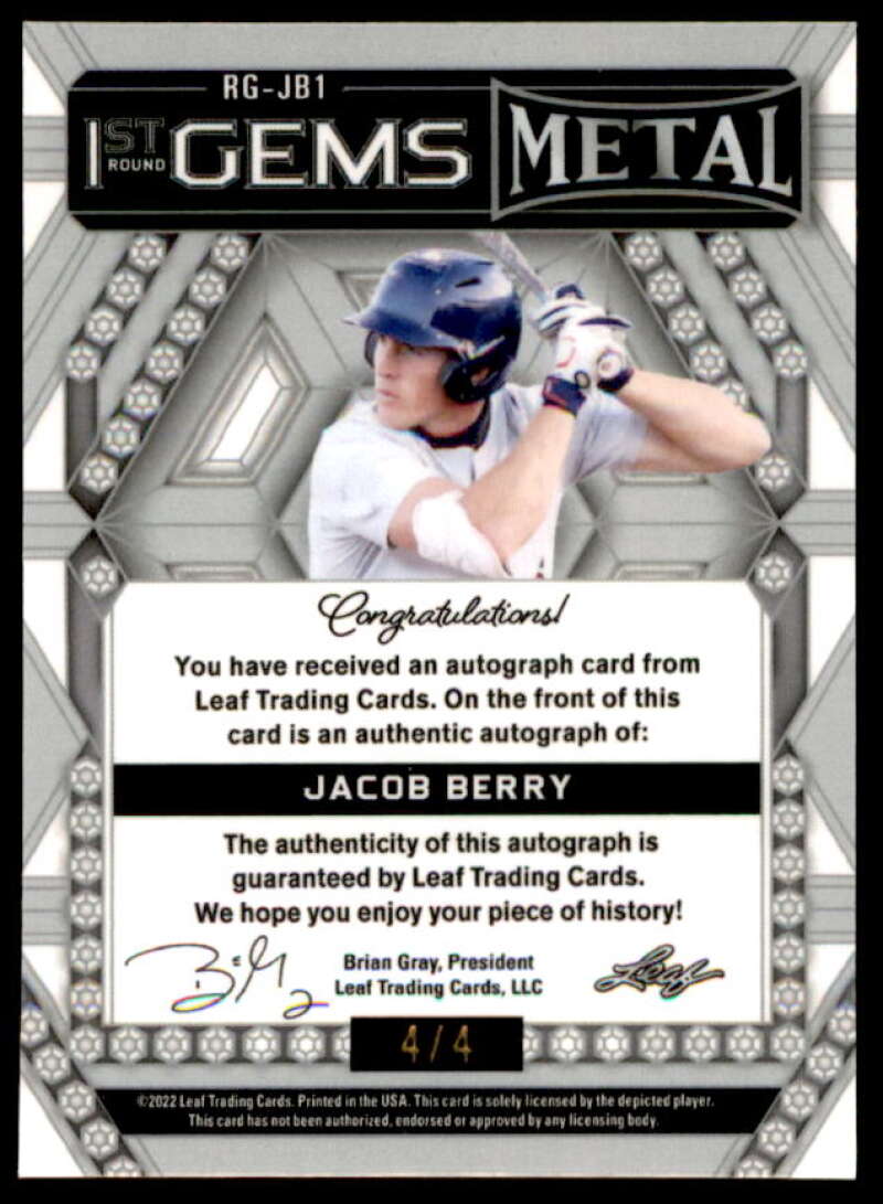 Jacob Berry Autograph Rookie Card 2023 Leaf Metal 1st Round Gems #RG-JB1  Image 2