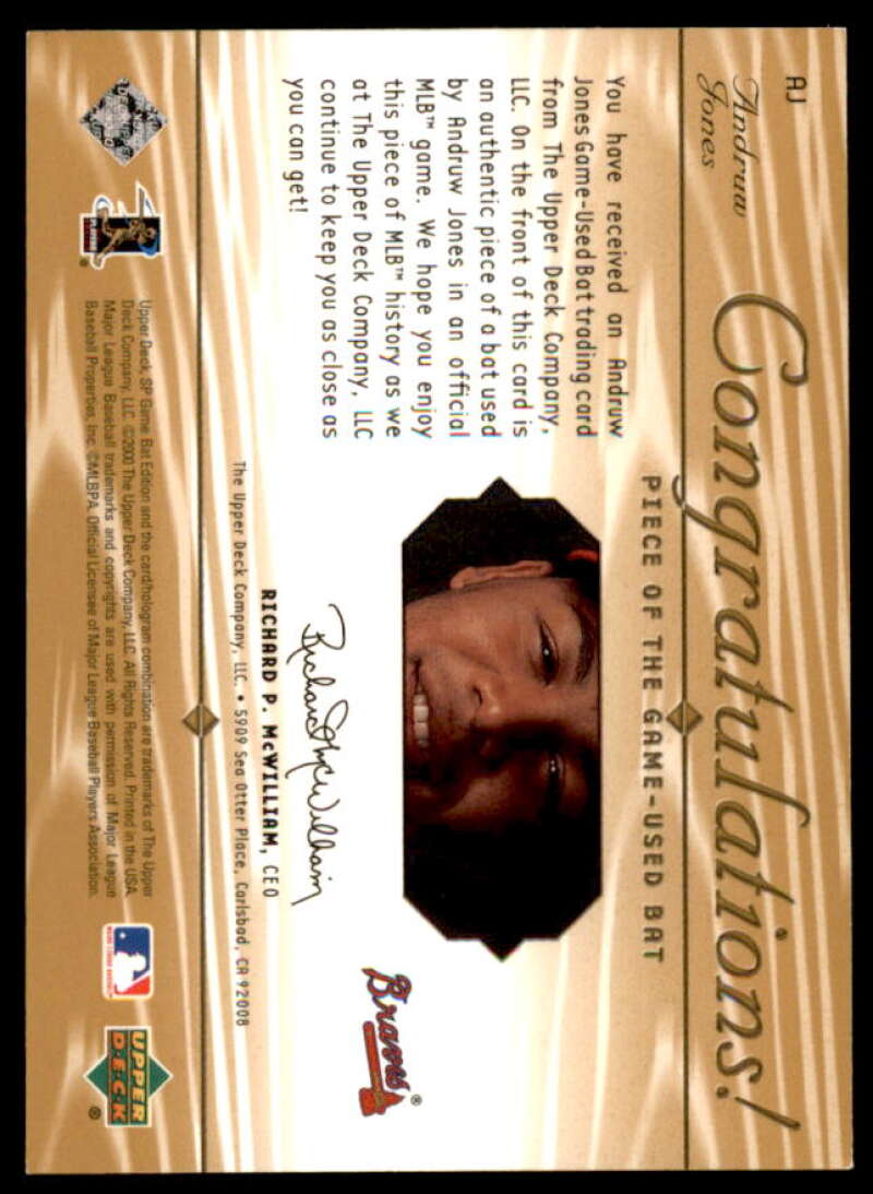Andruw Jones Card 2001 SP Game Bat Edition Piece of the Game #AJ  Image 2