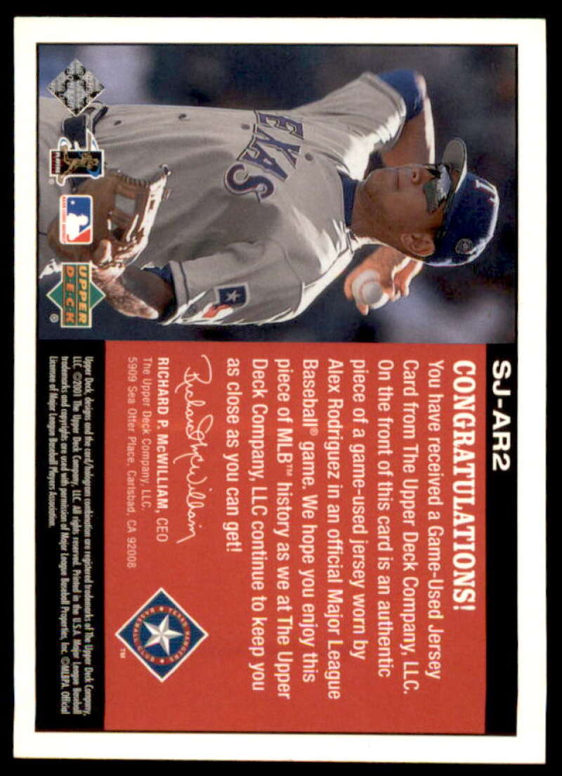 Alex Rodriguez Rangers Card 2002 Upper Deck All-Star Salute Game Jersey #SJAR2  Image 2