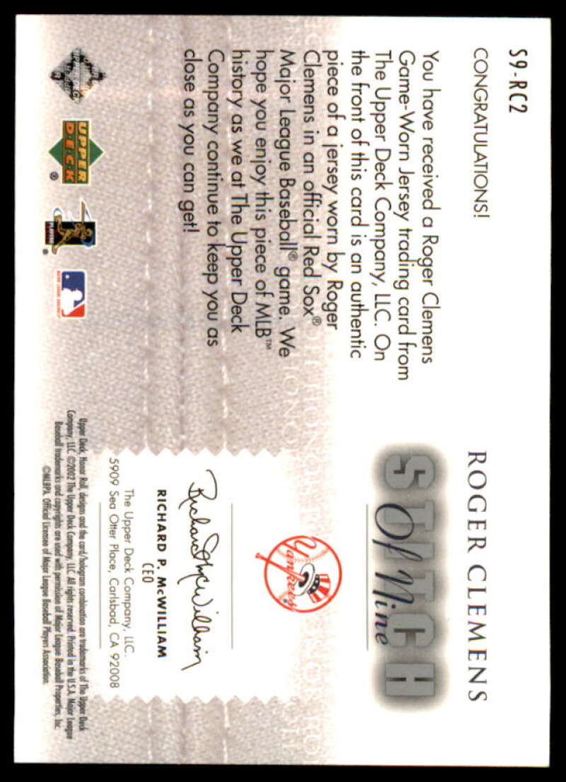 Roger Clemens Card 2002 Upper Deck Honor Roll Stitch of Nine Game Jersey #S9RC2  Image 2