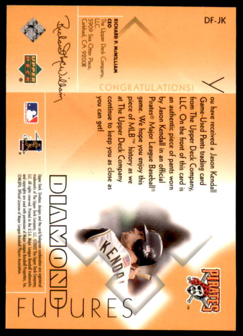 Jason Kendall Card 2002 Upper Deck Ovation Diamond Futures Jerseys #DFJK  Image 2