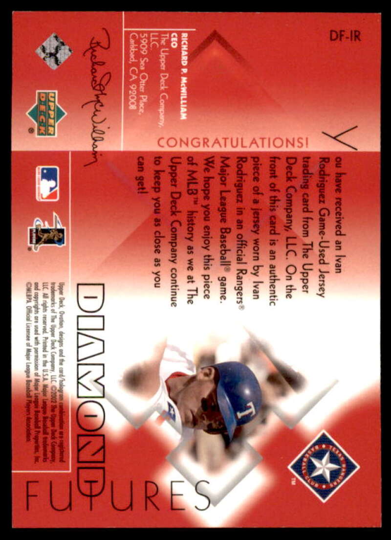 Ivan Rodriguez Card 2002 Upper Deck Ovation Diamond Futures Jerseys #DFIR  Image 2