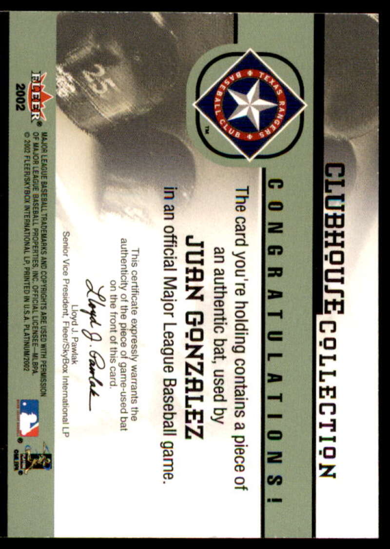 Juan Gonzalez Bat Card 2002 Fleer Platinum Clubhouse Memorabilia #14  Image 2