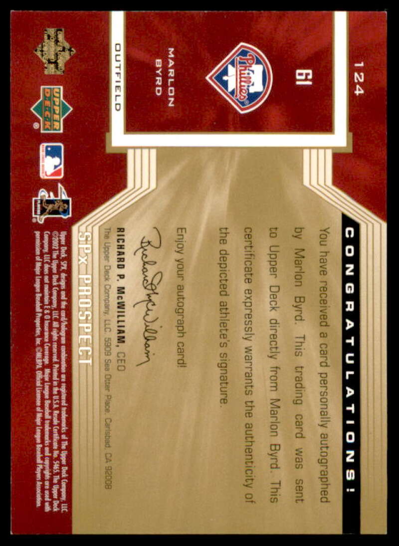Marlon Byrd AU Card 2002 SPx #124  Image 2