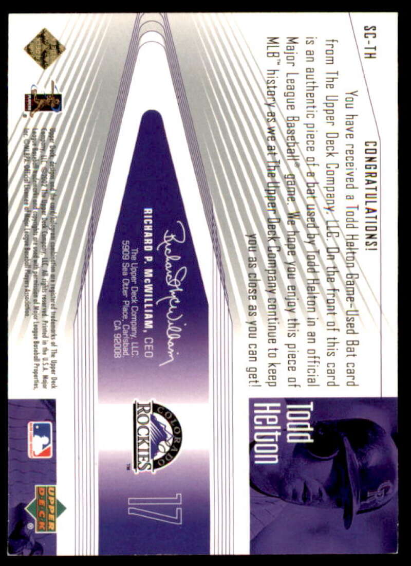 Todd Helton Card 2002 Upper Deck Rookie Debut Solid Contact #TH  Image 2