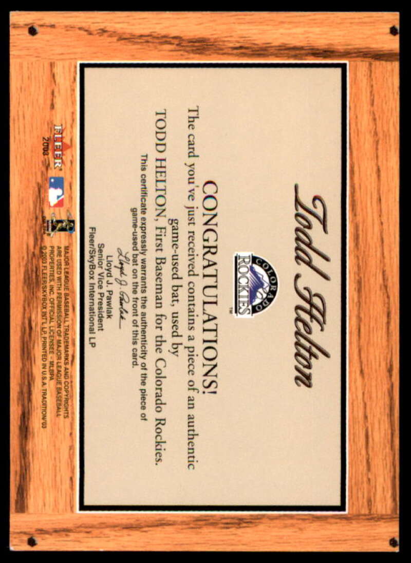 Todd Helton Card 2003 Fleer Tradition Lumber Company Game Used #TH  Image 2