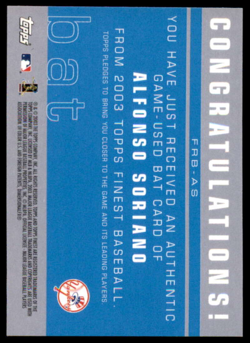 Alfonso Soriano H Card 2003 Finest Bat Relics #AS  Image 2
