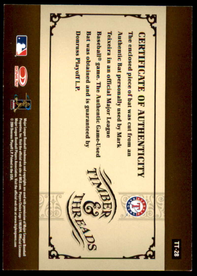 Mark Teixeira Card 2005 Donruss Timber and Threads Bat #28  Image 2