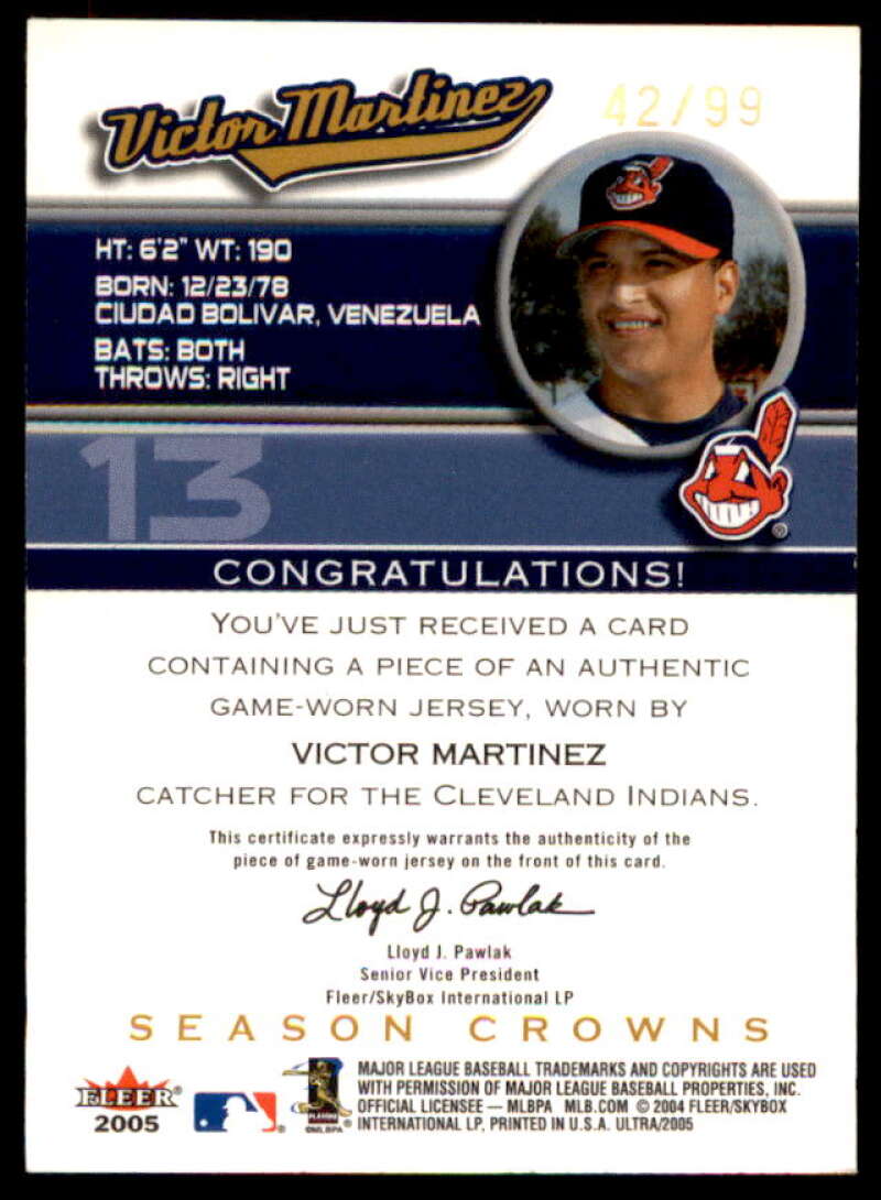 Victor Martinez Jsy Card 2005 Ultra Season Crowns Game Used Gold #13  Image 2