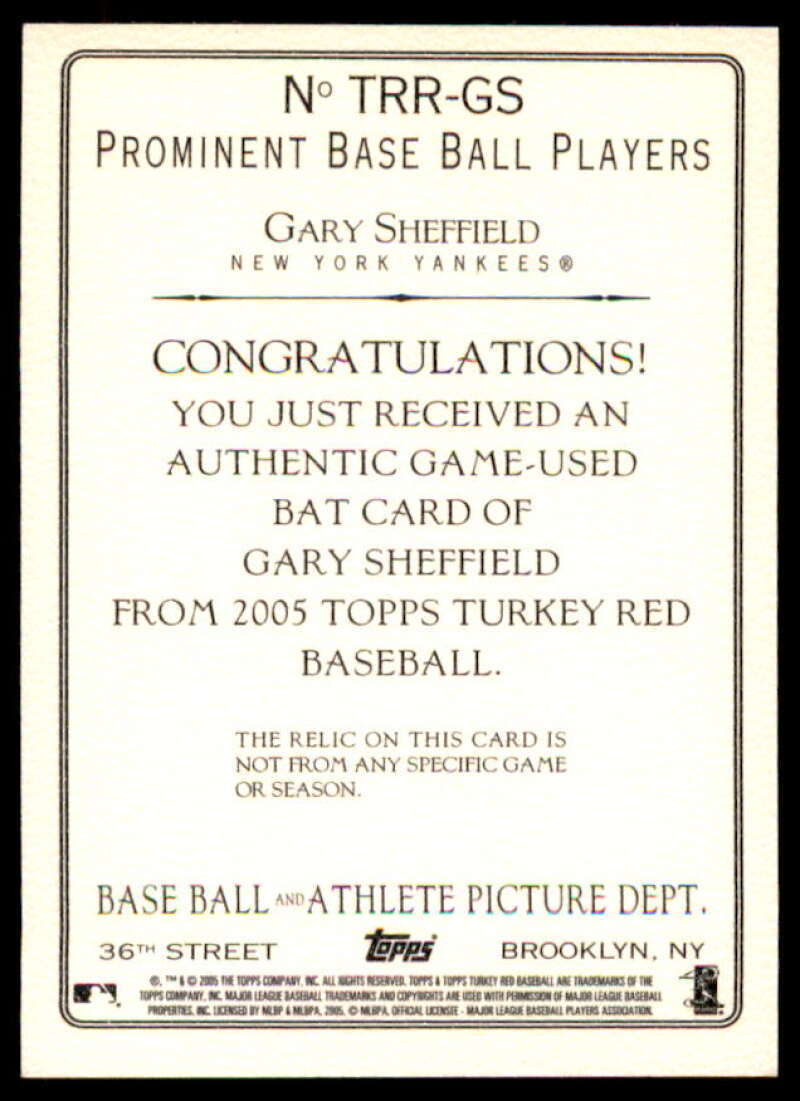 Gary Sheffield Bat H Card 2005 Topps Turkey Red Relics #GS  Image 2