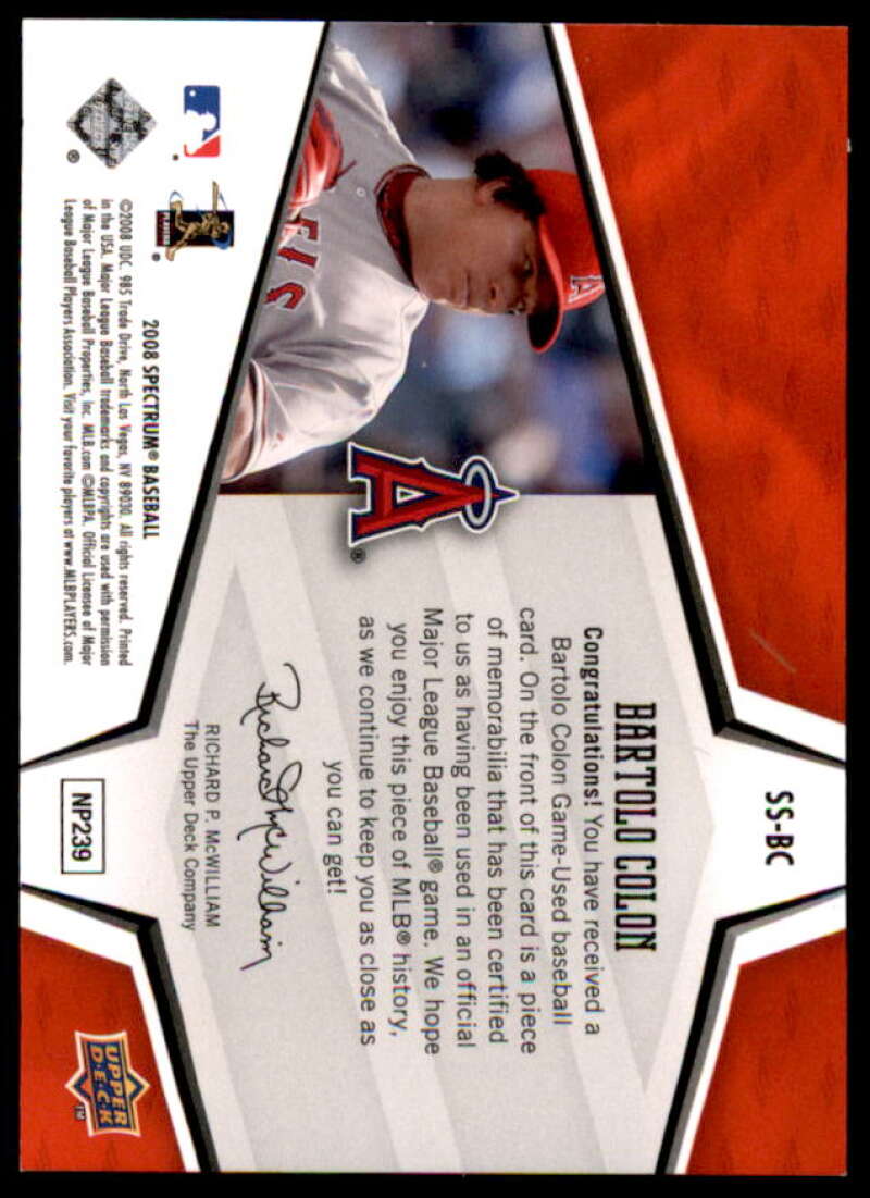 Bartolo Colon Card 2008 Upper Deck Spectrum Spectrum Swatches Red #BC  Image 2
