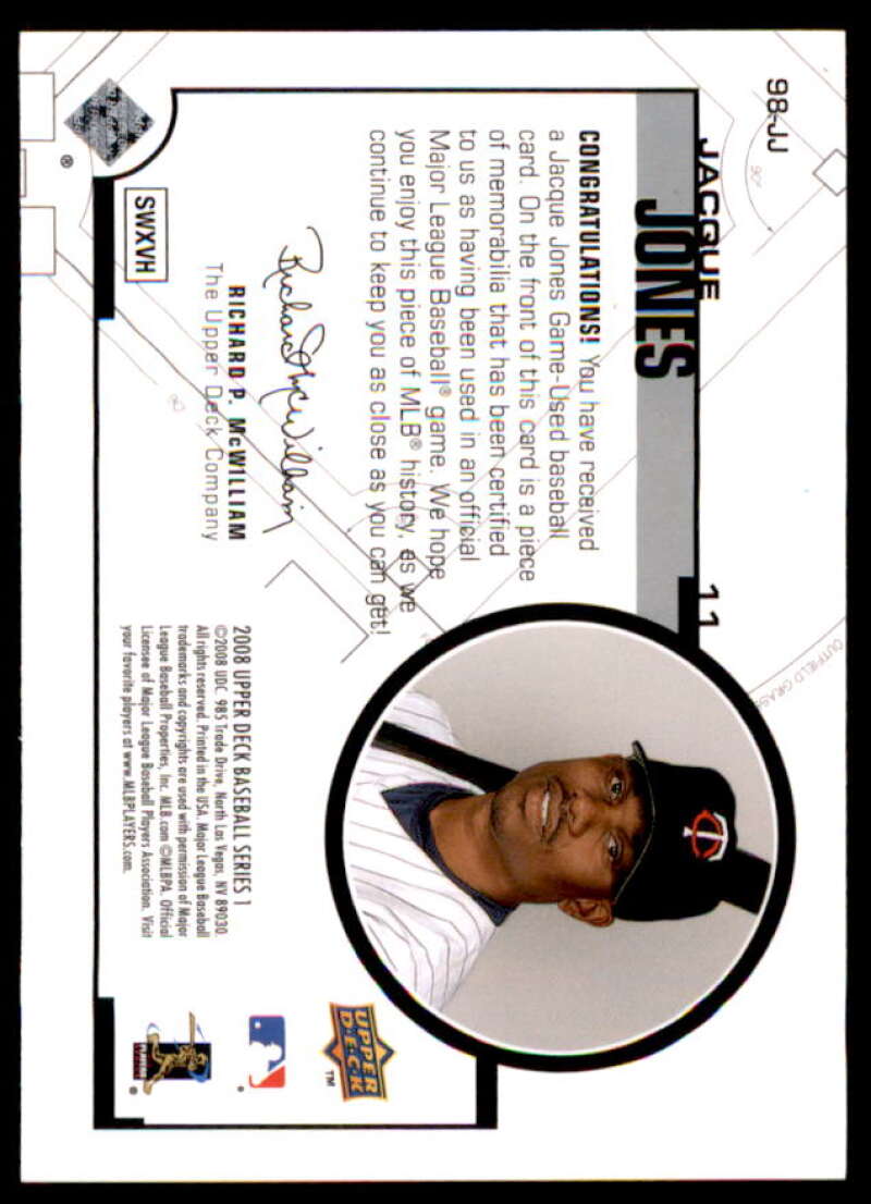 Jacque Jones Card 2008 Upper Deck UD Game Materials 1998 #JJ  Image 2