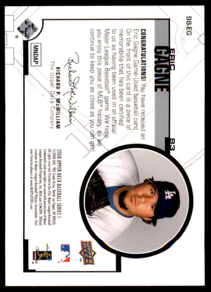 Eric Gagne Card 2008 Upper Deck UD Game Materials 1998 #EG  Image 2