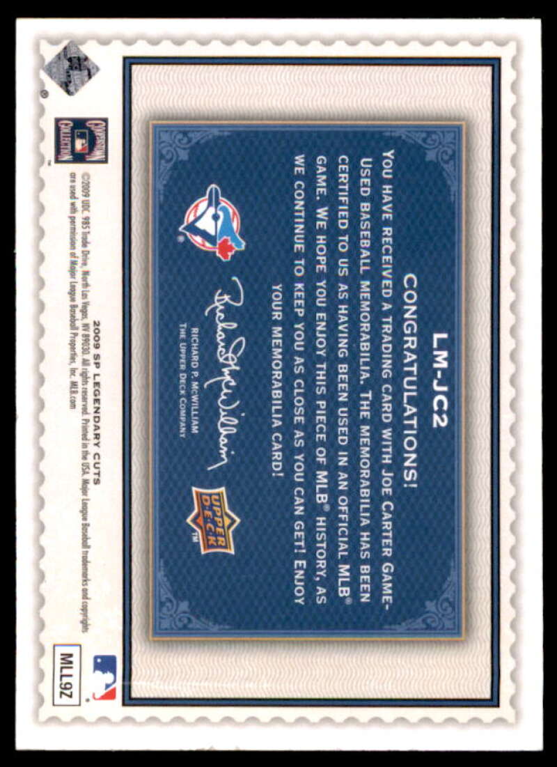 Joe Carter Card 2009 SP Legendary Cuts Legendary Memorabilia Blue #JC2  Image 2