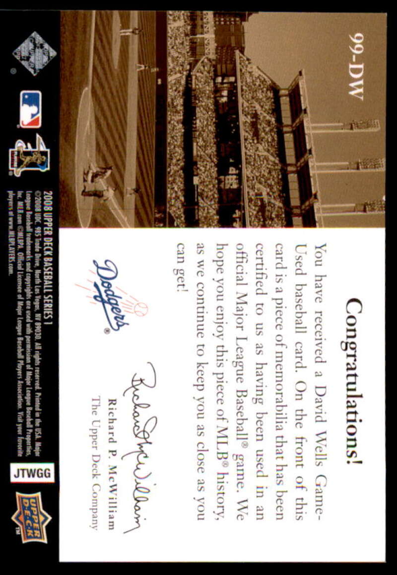 David Wells Card 2008 Upper Deck UD Game Materials 1999 #DW  Image 2