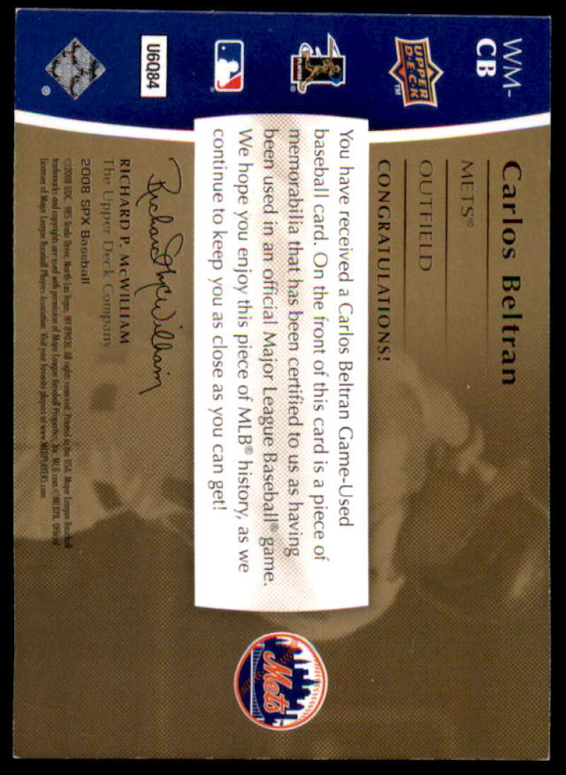 Carlos Beltran Card 2008 SPx Winning Materials SPx 150 #CB  Image 2