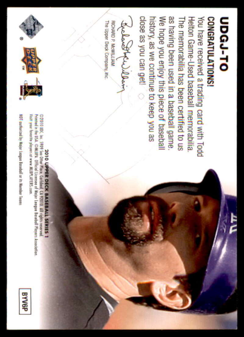 Todd Helton Card 2010 Upper Deck UD Game Jersey #TO  Image 2