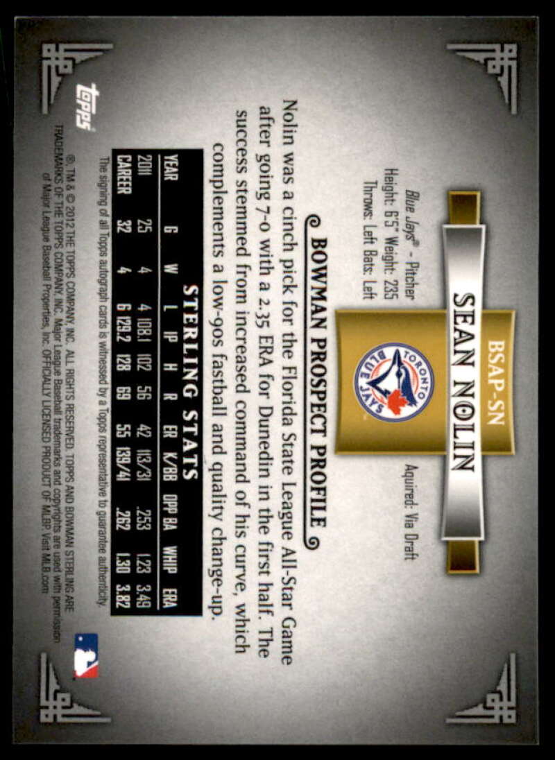 Sean Nolin Rookie 2012 Bowman Sterling Prospect Autographs Gold Refractors #SN  Image 2