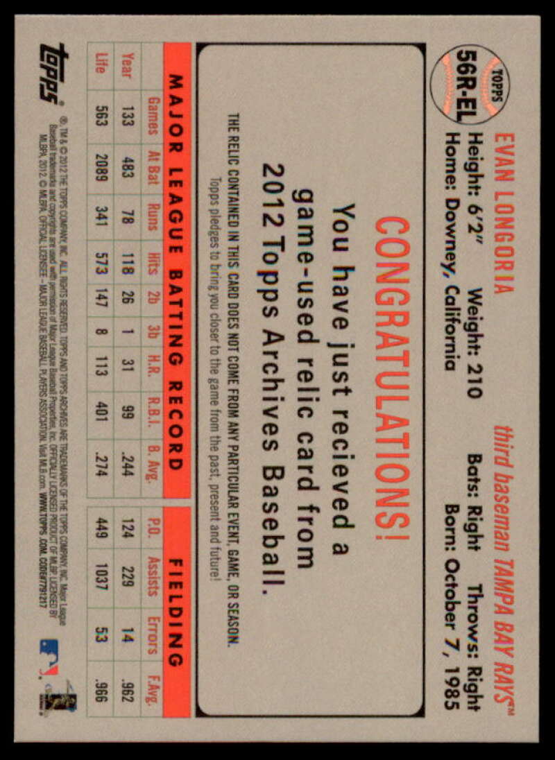 Evan Longoria Card 2012 Topps Archives Relics #EL  Image 2