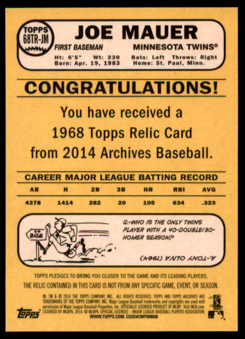 Joe Mauer Card 2014 Topps Archives Relics #68TRJM  Image 2
