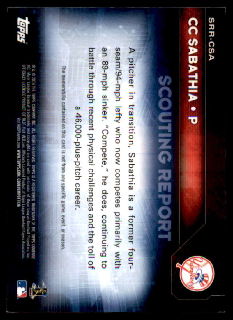 CC Sabathia Card 2016 Topps Scouting Report Relics #SRRCSA  Image 2